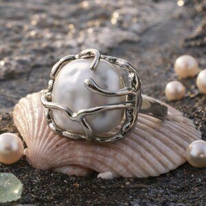 925 Sterling Silver Sculptural Faux Baroque Pearl Statement Ring Adjustable 6-9